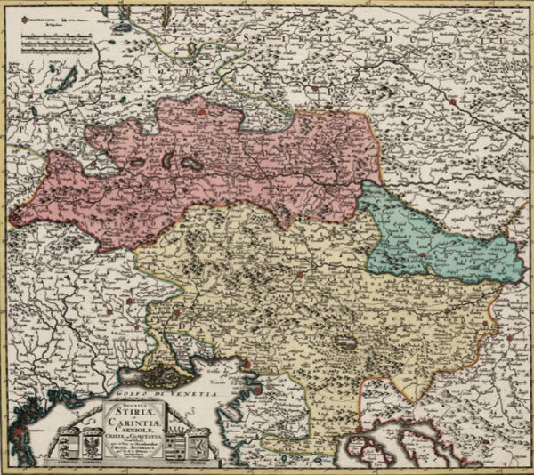 Zemljevid Štajerske, Koroške, Kranjske in Celjskega okrožja (ok. 1745)