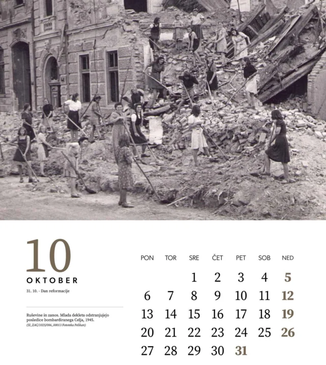 🗓️ #oktober #october #vinotok 
⏳ #dekade40 #koledar #2025 #hisapisanihspominov #fotopelikan #bombenacelje #celje #kocbekovaulica #rekonstrukcije #reconstruction #1945 #ww2