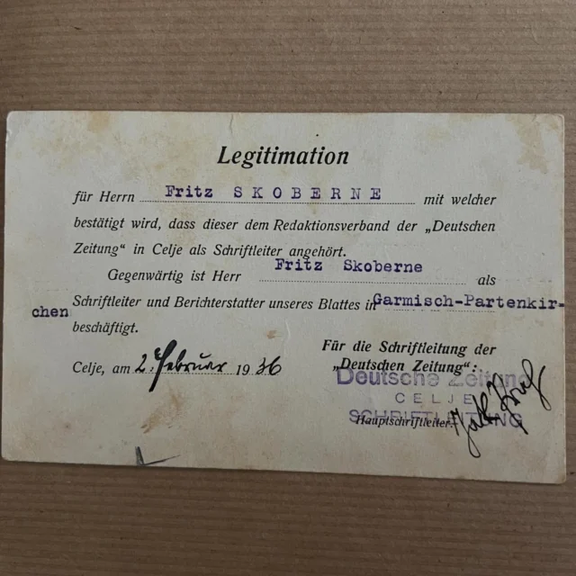 🗞️ Novinarska akreditacija za Fritza Skoberneta, dopisnika celjskega časopisa Deutscher Zeitung za namen poročanja z zimskih olimpijskih iger v Garmisch-Partenkirchnu 1936. 📇
👉 SI_ZAC/0075, sig. 555 #hisapisanihspominov