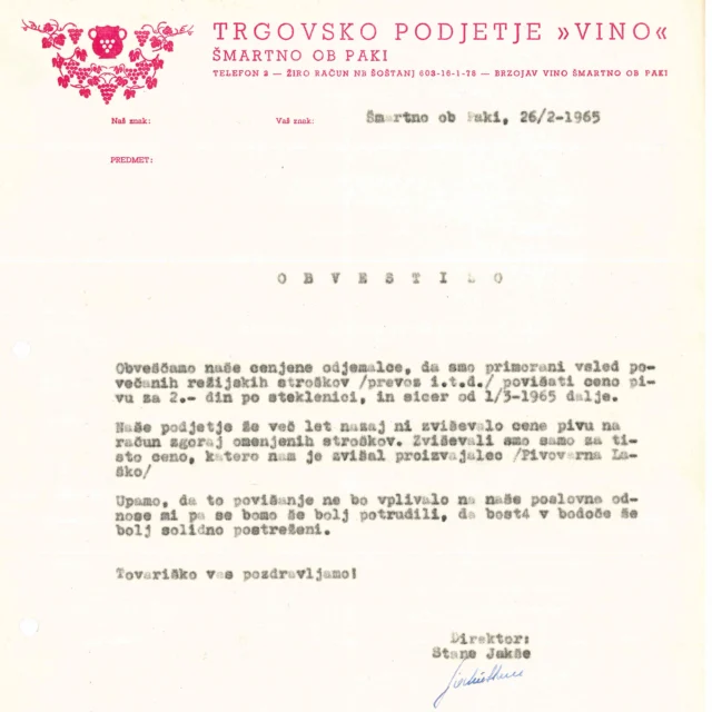 🍺Pivo bo dražje! 🧐 Dopis Trgovskega podjetja Vino Šmartno o zvišanju cene piva, 1965.
👉 SI_ZAC/0511/005/003/00282
👉 Iz gradiva za razstavo Šmartno ob Paki v dokumentih #hisapisanihspominov, Občina Šmartno ob Paki, @muzejvelenje. Osma iz serije razstav #arhivvregiji